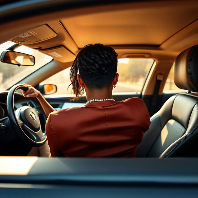 A stunning scene of a person seated inside a car, focusing on the figure from the neck down