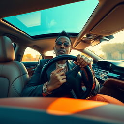 A stunning scene of a person seated inside a car, focusing on the figure from the neck down