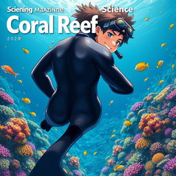 Detailed anime-style cover art for a science magazine issue titled 'Coral Reefs' featuring a friendly male character in a tight glossy wetsuit and scuba gear