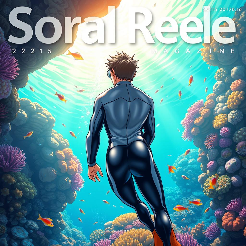 Detailed anime-style cover art for a science magazine issue titled 'Coral Reefs' featuring a friendly male character in a tight glossy wetsuit and scuba gear