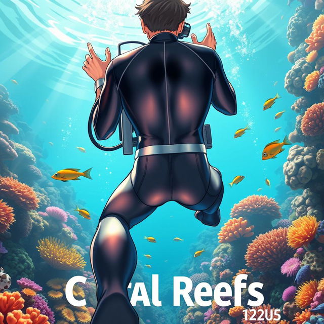 Detailed anime-style cover art for a science magazine issue titled 'Coral Reefs' featuring a friendly male character in a tight glossy wetsuit and scuba gear