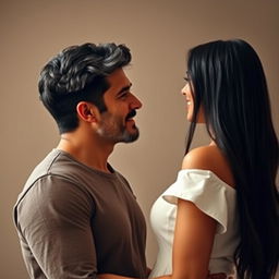 A tall, broad-shouldered man in his forties with black hair sprinkled with gray, a light beard and a thick mustache, standing calmly and serenely in front of his girlfriend, who is in her thirties