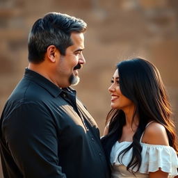 A tall, broad-shouldered man in his forties with black hair sprinkled with gray, a light beard and a thick mustache, standing calmly and serenely in front of his girlfriend, who is in her thirties