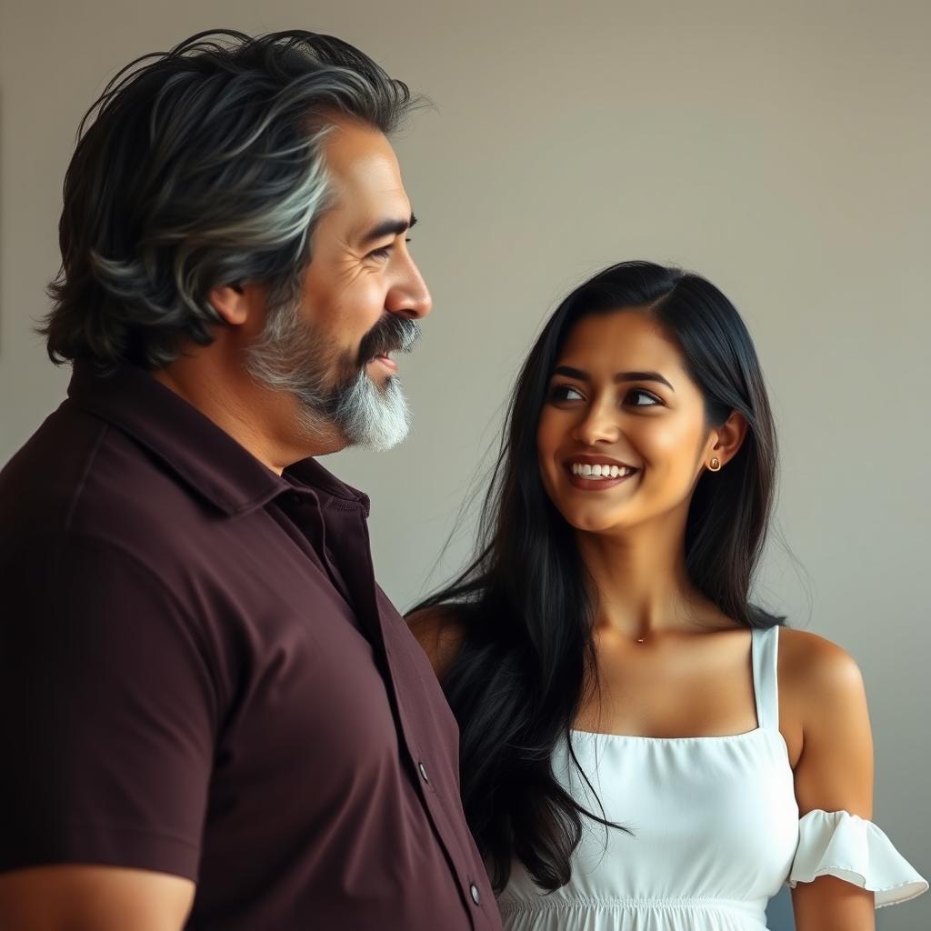 A tall, broad-shouldered man in his forties with black hair sprinkled with gray, a light beard and a thick mustache, standing calmly and serenely in front of his girlfriend, who is in her thirties