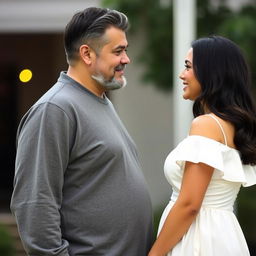 A tall, broad-shouldered man in his forties with black hair sprinkled with gray, a light beard and a thick mustache, standing calmly and serenely in front of his girlfriend, who is in her thirties