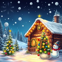 A vibrant and festive Christmas background, featuring a snow-covered landscape with a cozy log cabin adorned with twinkling lights