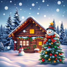 A vibrant and festive Christmas background, featuring a snow-covered landscape with a cozy log cabin adorned with twinkling lights