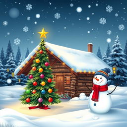 A vibrant and festive Christmas background, featuring a snow-covered landscape with a cozy log cabin adorned with twinkling lights