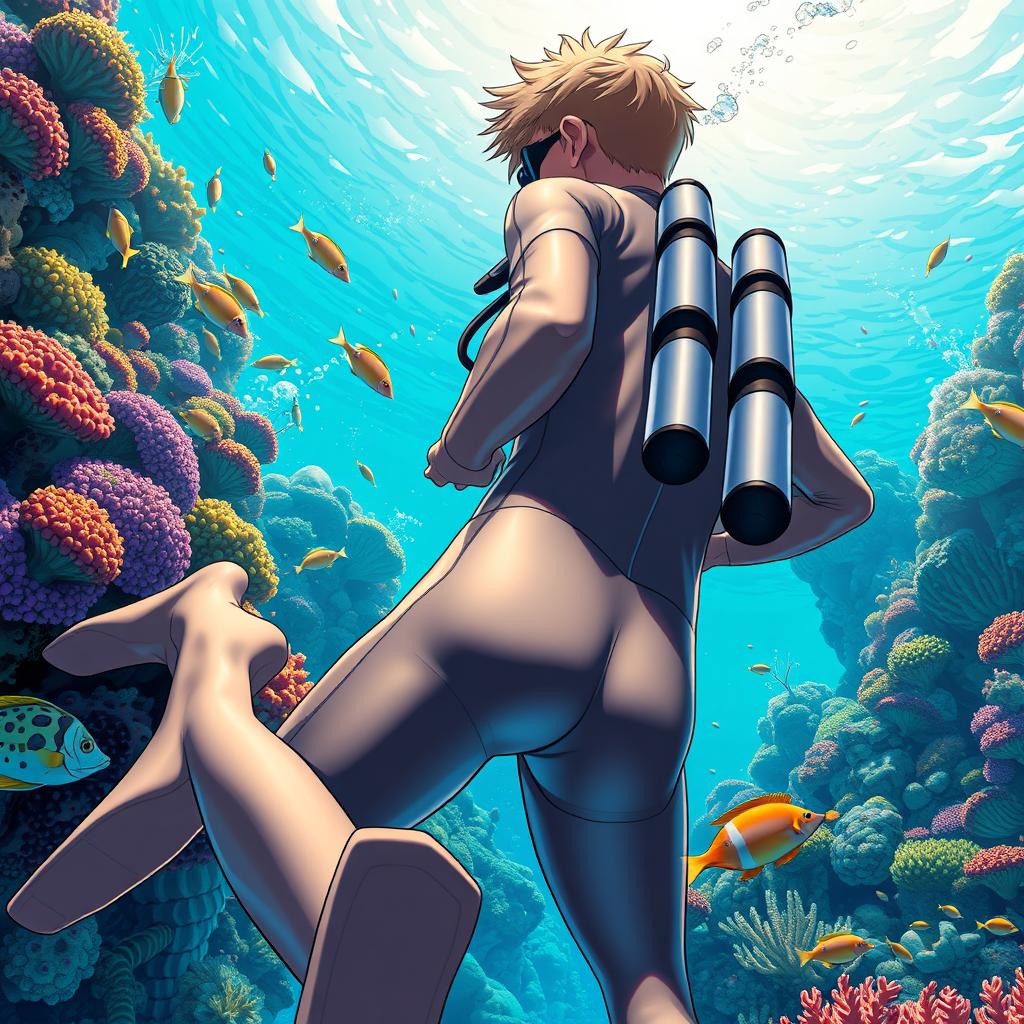 Detailed anime-style cover art for a science magazine issue titled 'Coral Reefs' featuring an excited male character in a tight glossy wetsuit and scuba gear