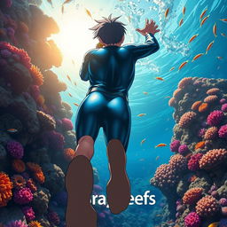 Detailed anime-style cover art for a science magazine issue titled 'Coral Reefs' featuring an excited male character in a tight glossy wetsuit and scuba gear