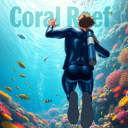 Detailed anime-style cover art for a science magazine issue titled 'Coral Reefs' featuring an excited male character in a tight glossy wetsuit and scuba gear