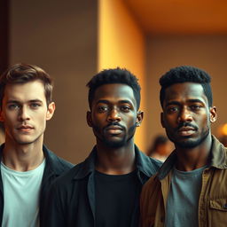 A cinematic scene featuring three men standing side by side, each with a different skin tone: one with light skin, one with medium-brown skin, and one with dark skin