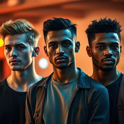 A cinematic scene featuring three men standing side by side, each with a different skin tone: one with light skin, one with medium-brown skin, and one with dark skin