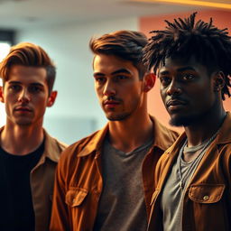 A cinematic scene featuring three men standing side by side, each with a different skin tone: one with light skin, one with medium-brown skin, and one with dark skin