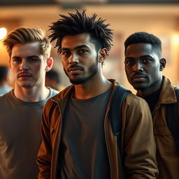 A cinematic scene featuring three men standing side by side, each with a different skin tone: one with light skin, one with medium-brown skin, and one with dark skin