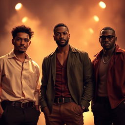 A cinematic image featuring three men standing together, showcasing diverse skin tones: one with light skin, one with medium-brown skin, and one with dark skin