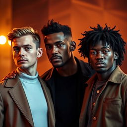 A cinematic image featuring three men standing together, showcasing diverse skin tones: one with light skin, one with medium-brown skin, and one with dark skin