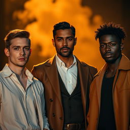 A cinematic image featuring three men standing together, showcasing diverse skin tones: one with light skin, one with medium-brown skin, and one with dark skin