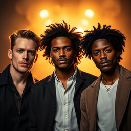 A cinematic image featuring three men standing together, showcasing diverse skin tones: one with light skin, one with medium-brown skin, and one with dark skin