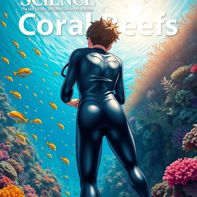 Detailed anime-style cover art for a science magazine issue titled 'Coral Reefs' featuring an excited teenage male character in a tight glossy wetsuit and scuba gear