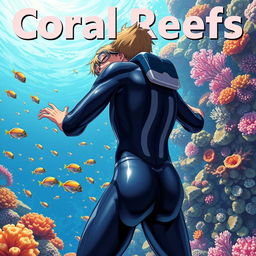 Detailed anime-style cover art for a science magazine issue titled 'Coral Reefs' featuring an excited teenage male character in a tight glossy wetsuit and scuba gear
