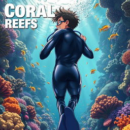 Detailed anime-style cover art for a science magazine issue titled 'Coral Reefs' featuring an excited teenage male character in a tight glossy wetsuit and scuba gear