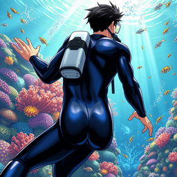 Detailed anime-style cover art for a science magazine issue titled 'Coral Reefs' featuring a teen male character in a tight glossy wetsuit and scuba gear