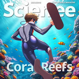 Detailed anime-style cover art for a science magazine issue titled 'Coral Reefs' featuring a teen male character in a tight glossy wetsuit and scuba gear