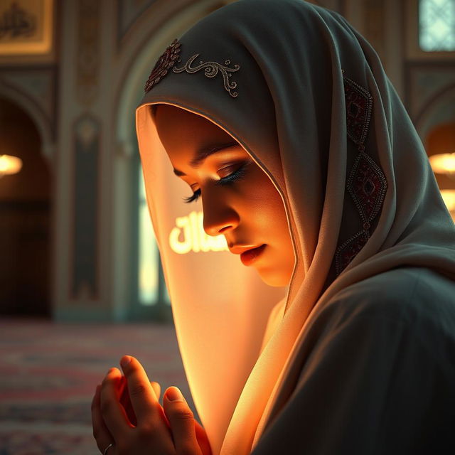 A Muslimah with serene features, wearing a beautifully adorned hijab, kneeling in prayer before a glowing representation of Allah