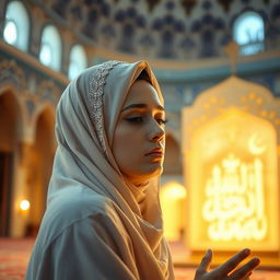A Muslimah with serene features, wearing a beautifully adorned hijab, kneeling in prayer before a glowing representation of Allah