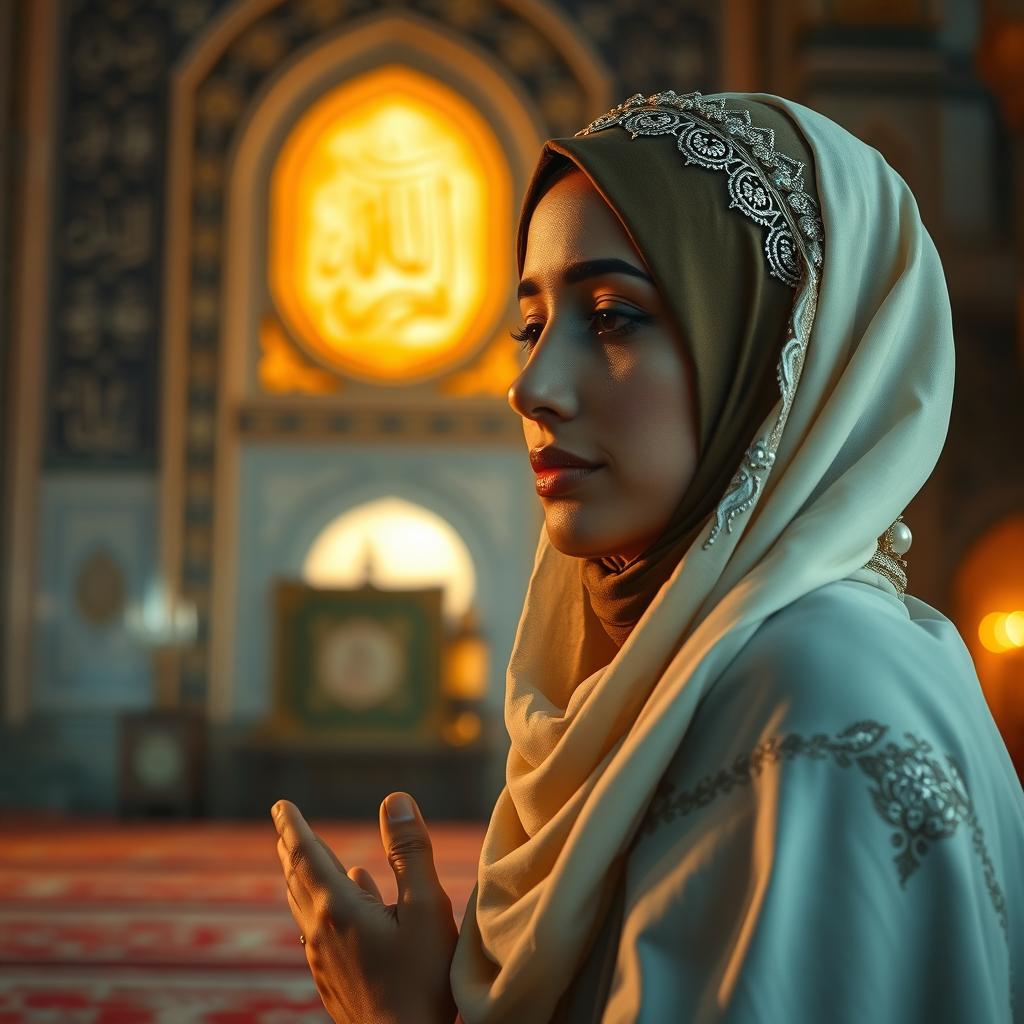 A Muslimah with serene features, wearing a beautifully adorned hijab, kneeling in prayer before a glowing representation of Allah