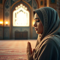 A Muslimah with serene features, wearing a beautifully adorned hijab, kneeling in prayer before a glowing representation of Allah