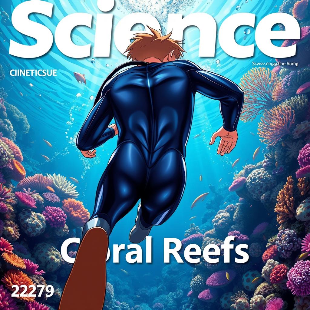 Detailed anime-style cover art for a science magazine issue titled 'Coral Reefs' featuring a teen male character in a tight glossy wetsuit and scuba gear