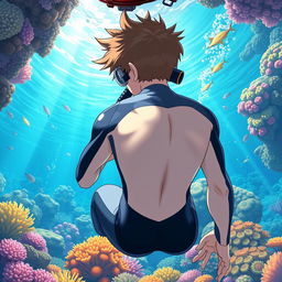 Detailed anime-style cover art for a science magazine issue titled 'Coral Reefs' featuring a teen male character in a tight glossy wetsuit and scuba gear