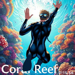 Detailed anime-style cover art for a science magazine issue titled 'Coral Reefs' featuring a teen male character in a tight glossy wetsuit and scuba gear