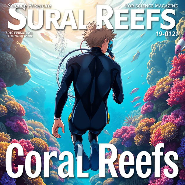 Detailed anime-style cover art for a science magazine issue titled 'Coral Reefs' featuring a teen male character in a tight glossy wetsuit and scuba gear