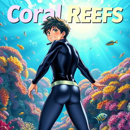 Vibrant anime-style cover art for a science magazine issue titled 'Coral Reefs' featuring an excited teenage male character in a tight glossy wetsuit and scuba gear