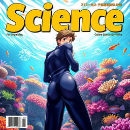 Vibrant anime-style cover art for a science magazine issue titled 'Coral Reefs' featuring an excited teenage male character in a tight glossy wetsuit and scuba gear