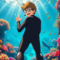 Vibrant anime-style cover art for a science magazine issue titled 'Coral Reefs' featuring an excited teenage male character in a tight glossy wetsuit and scuba gear
