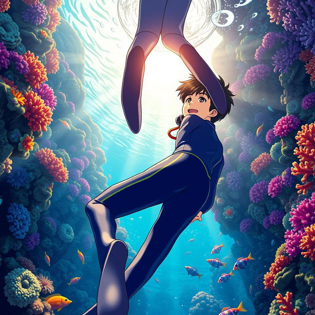 Vibrant anime-style cover art for a science magazine issue titled 'Coral Reefs' featuring an excited teenage male character in a tight glossy wetsuit and scuba gear