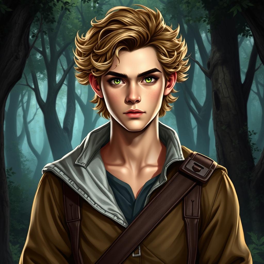 A fantasy book cover depicting a 17-year-old male character, the son of Hermes