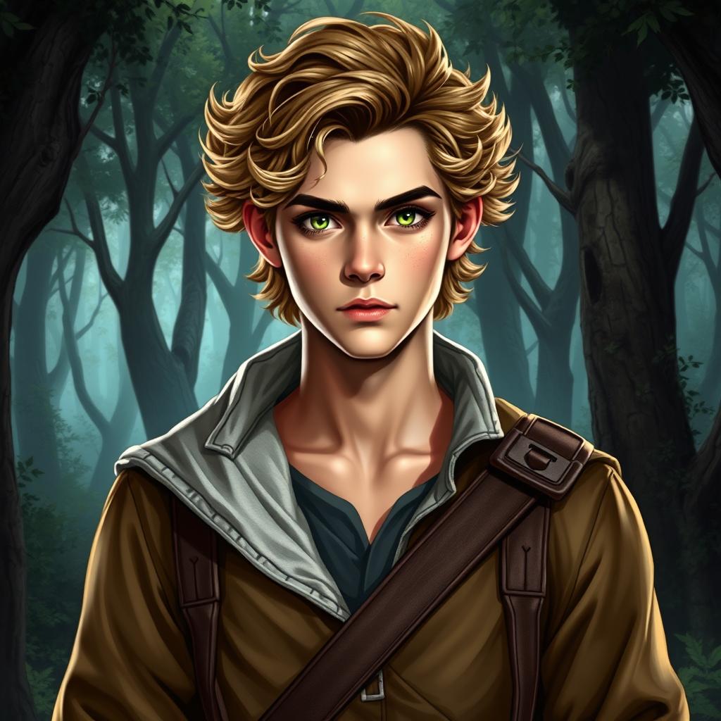 A fantasy book cover depicting a 17-year-old male character, the son of Hermes