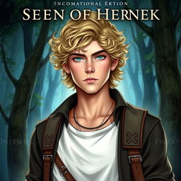 A fantasy book cover depicting a 17-year-old male character, the son of Hermes