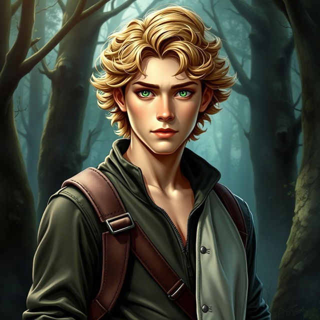 A fantasy book cover depicting a 17-year-old male character, the son of Hermes