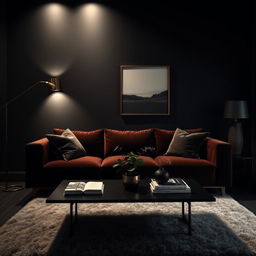 A meticulously arranged dark aesthetic scene featuring a stylish modern living room with deep black walls, golden accents, and strategically placed lighting casting soft glows
