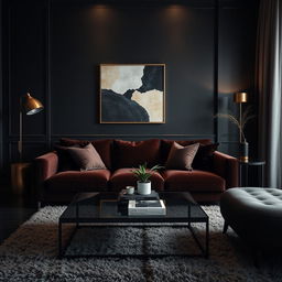 A meticulously arranged dark aesthetic scene featuring a stylish modern living room with deep black walls, golden accents, and strategically placed lighting casting soft glows