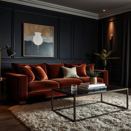 A meticulously arranged dark aesthetic scene featuring a stylish modern living room with deep black walls, golden accents, and strategically placed lighting casting soft glows