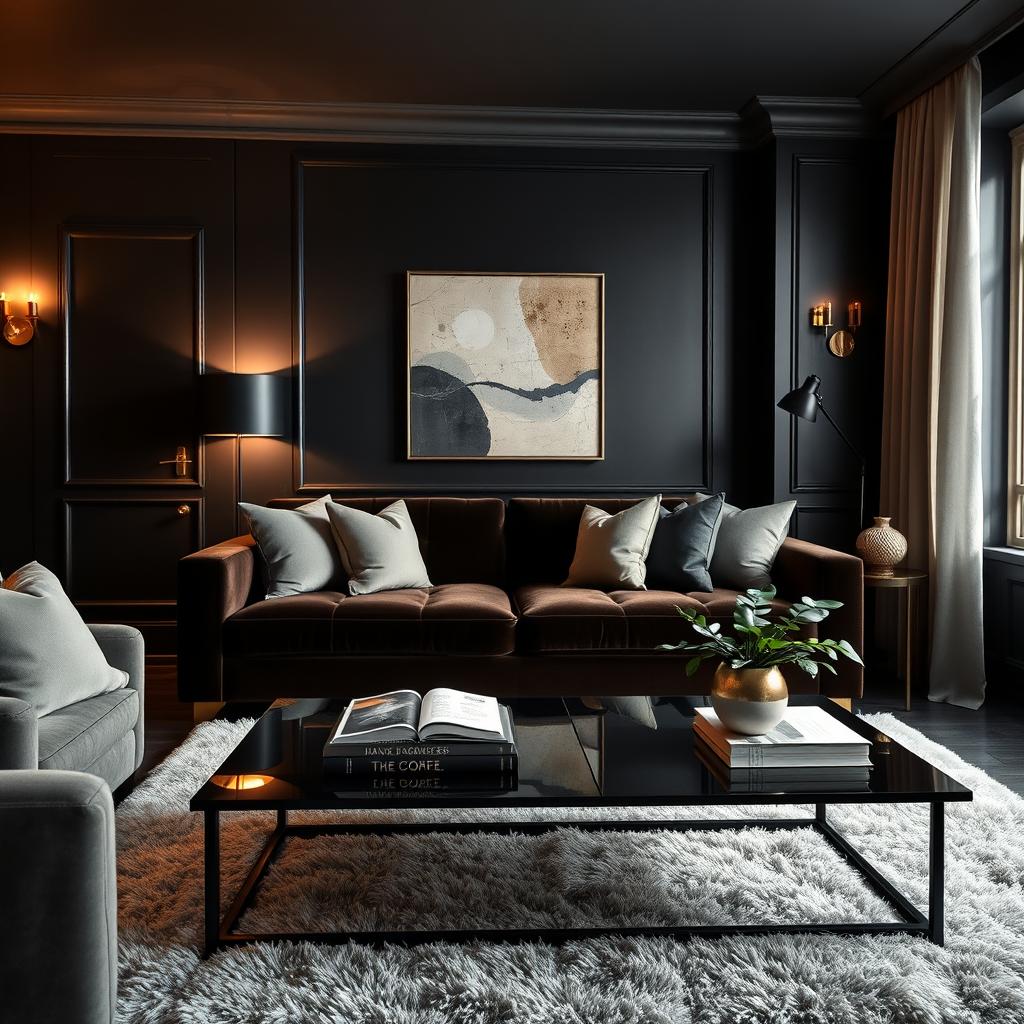 A meticulously arranged dark aesthetic scene featuring a stylish modern living room with deep black walls, golden accents, and strategically placed lighting casting soft glows