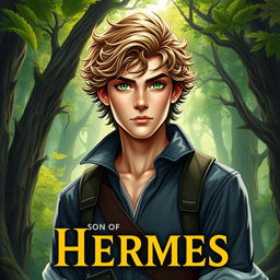 A fantasy book cover featuring a 17-year-old male character, the son of Hermes