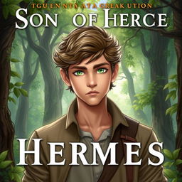 A fantasy book cover featuring a 17-year-old male character, the son of Hermes
